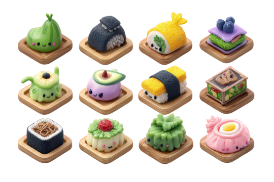 Cute Pixel Art Sushi Collection On Wooden Platters - Powered by Adobe