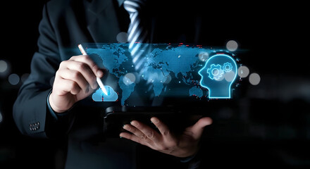 Professional interacting with global digital network, cloud data and AI insights on tablet