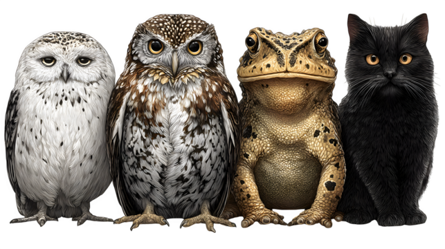 HD realistic clipart set of witch familiars like owls, cats, and toads isolated on white background