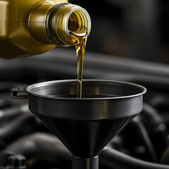 Close-up of Golden Engine Oil Dripping from Bottle into Funnel