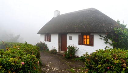 Foggy cottage nestled in greenery