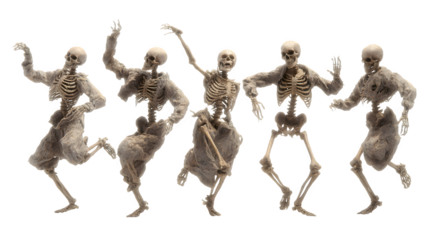 HD realistic clipart set of skeleton figures in dancing poses isolated on white background