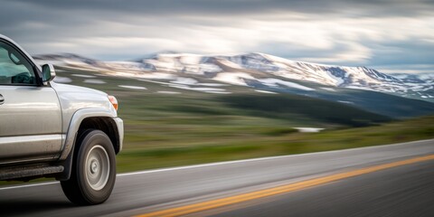 Fototapeta premium Silver suv driving on scenic mountain highway in summer