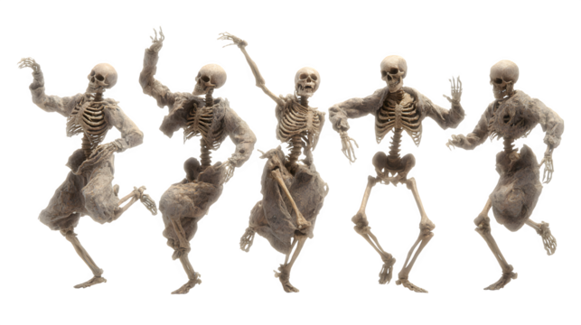 HD realistic clipart set of skeleton figures in dancing poses isolated on white background