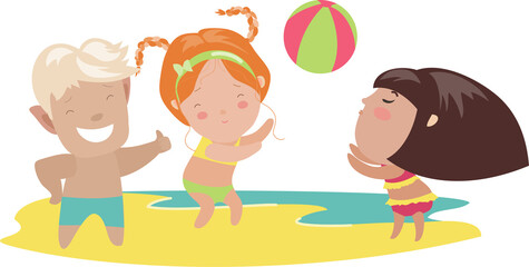 Children playing beach volleyball. Vector isolated illustration