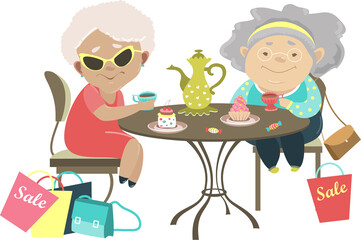 Two old women talking in a cafe after shopping. Vector isolated illustration