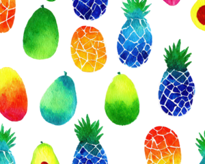 Colorful Watercolor Pattern of Pineapples and Avocados on Black Background