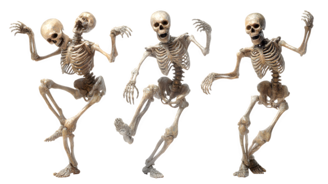 HD realistic clipart set of skeleton figures in dancing poses isolated on white background