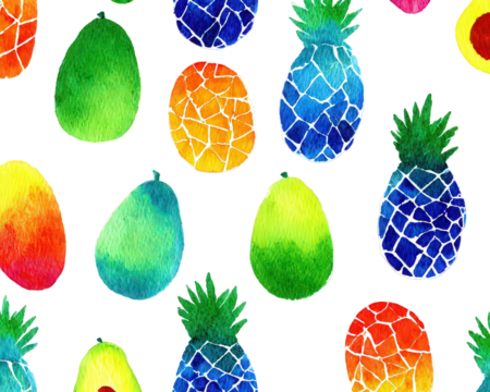 Colorful Watercolor Pattern of Pineapples and Avocados on Black Background
