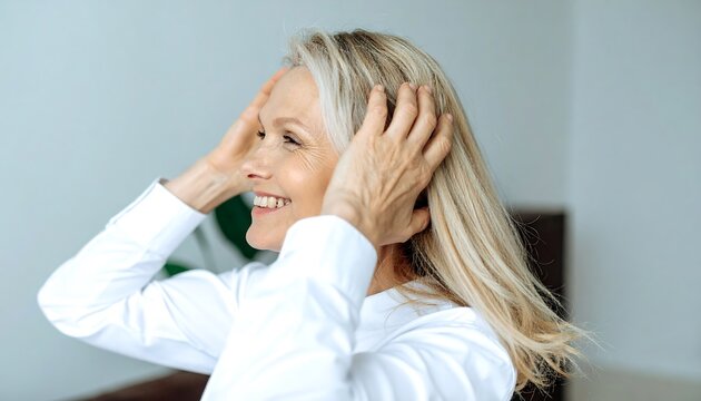 Smiling woman with hands in hair