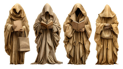 HD realistic clipart set of mysterious hooded characters holding books isolated on white background