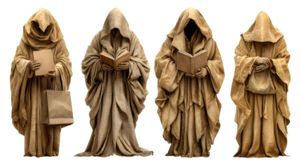 HD realistic clipart set of mysterious hooded characters holding books isolated on white background