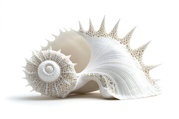 Obraz premium Exquisite white spiral seashell with intricate, spiky textured details evokes natural beauty and coastal elegance, perfect for design inspiration.