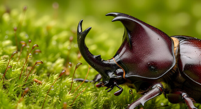 Close-up of a European rhinoceros beetle (Oryctes nasicornis) on green moss