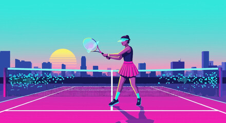 Vaporwave Tennis Player Ready to Serve Against a Retro Cityscape Backdrop at Sunset