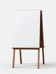 A minimalist wooden easel stands, the blank canvas offering endless creative possibilities, inviting artists and presenters to bring their visions to life.