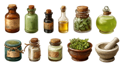 HD realistic clipart set of potion mixing kits with herbs, jars, and mortars isolated on white background
