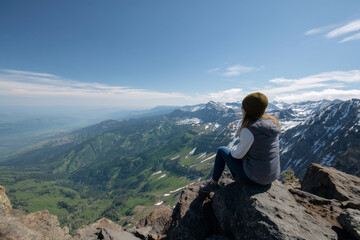 Obraz premium Person enjoys breathtaking mountain view on a sunny day