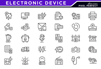 Electronic Device line icon set. Includes laptop, tablet, smartphone, drone, computer monitor, technology, TV, camera, CCTV outline icons collection. UI thin line icon pack.