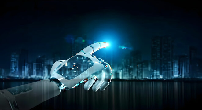 Futuristic robotic hand touches glowing digital interface with city skyline at night