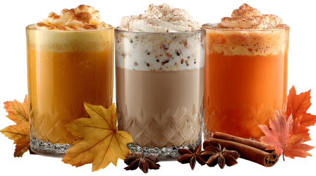 HD realistic clipart set of pumpkin spice drinks and autumn leaves isolated on white background