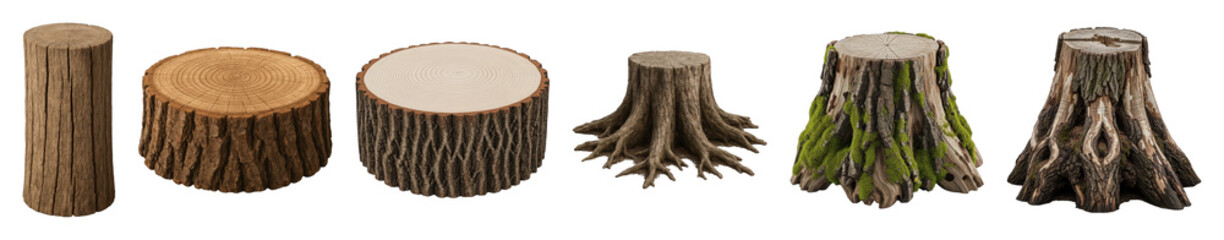 Tree trunks and stumps set including logs, cut wood, gnarled roots, and mossy bark isolated. Natural forest elements and rustic decor objects.