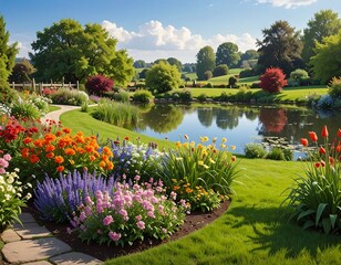Obraz premium Idyllic landscape with lush garden and tranquil pond on sunny day