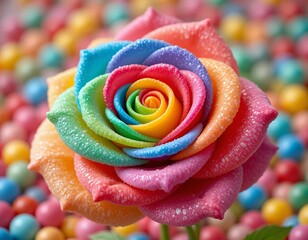 Vibrant rainbow rose blooming amidst a colorful bokeh background of small spheres, symbolizing diversity and joy.