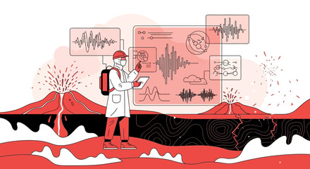 Volcano monitoring by geologist analyzing seismic data and volcanic activity research