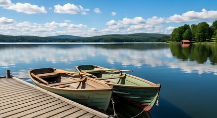 Obraz premium Two wooden boats moored at a tranquil lake dock under a blue sky with reflections.
