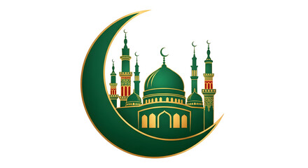 Elegant green and gold mosque silhouette with crescent moon for islamic holidays and ramadan celebrations is visually appealing on transparent background