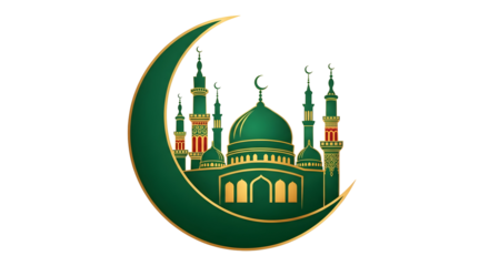 Elegant green and gold mosque silhouette with crescent moon for islamic holidays and ramadan celebrations is visually appealing on transparent background