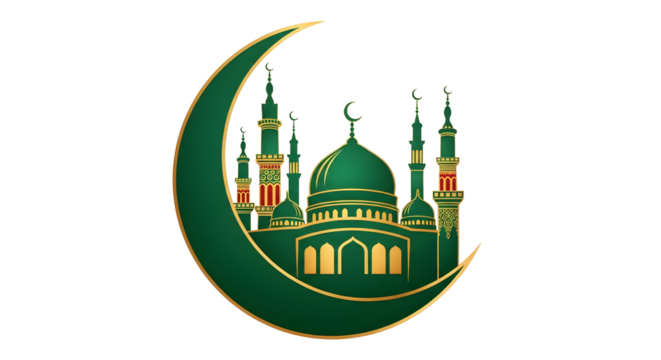 Elegant green and gold mosque silhouette with crescent moon for islamic holidays and ramadan celebrations is visually appealing on transparent background