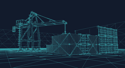 Wireframe illustration of a crane lifting shipping containers at a dockyard depicting global trade