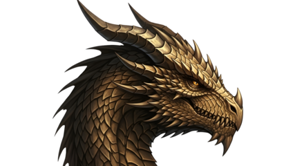 Detailed dragon head with golden scales and piercing yellow eyes fantasy artwork for games and book covers is showcased on transparent background