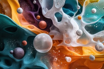Surreal dreamscape with floating spheres and organic shapes in vibrant orange, teal, purple, and white colors creating dynamic and imaginative abstract scene full of energy and depth