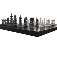 Chess pieces on the board in the starting position. Isolated. Transparent background. 3D Rendering.
