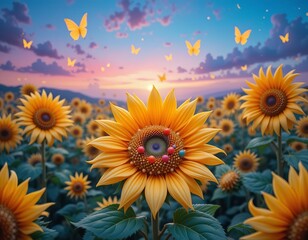 Magical field of sunflowers under a dreamy sunset sky with fluttering butterflies.