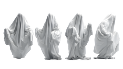 HD realistic clipart set of ghost figures in playful and spooky poses isolated on white background