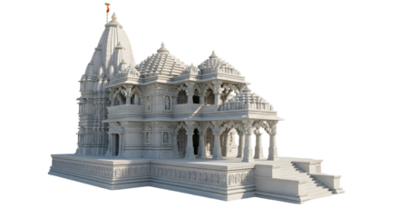 Ornate white hindu temple with detailed carvings and a golden spire against a showcasing architectural beauty and religious significance on transparent background