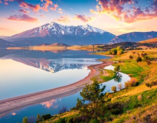 Majestic reflection of snowy mountain in tranquil lake at vibrant sunrise