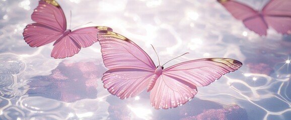 Obraz premium Pink butterflies glide gracefully above a sparkling water surface that reflects soft gradient colors. The ethereal scene creates a magical, dreamy atmosphere at dusk