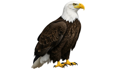 Majestic bald eagle with striking white head and brown feathers standing tall against a stark black backdrop showcasing its powerful presence on transparent background