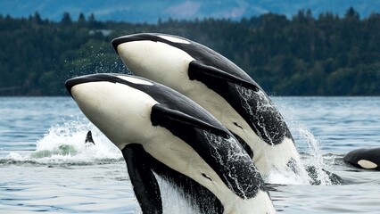 Two big whales jumping high together in the deep blue sea ocean 