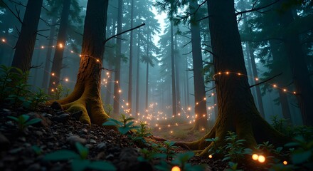Enchanted forest with tall trees and glowing fairy lights creating a magical, mystical atmosphere amidst the misty woods
