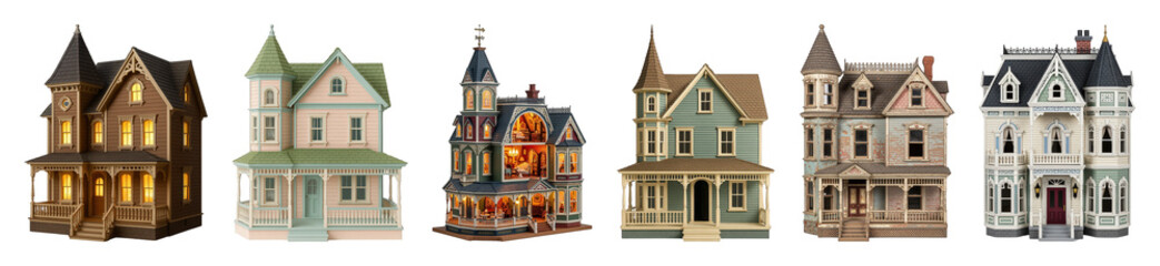 Fototapeta premium Victorian dollhouse set including diverse architectural styles, painted, weathered, and illuminated versions isolated. Historical miniature homes collection.