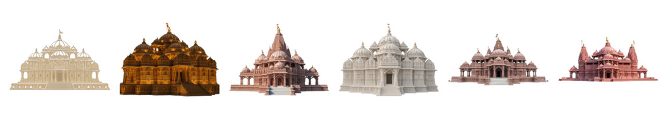 Fototapeta premium Hindu temple set including various stone, golden, and marble architectural styles isolated. Cultural and religious building collection.