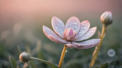 Single delicate flower with morning dew and sunlit droplets, dreamy soft macro view.