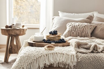 A breakfast platter of fluffy pancakes topped with fresh blueberries, a drizzle of honey, and a dollop of cream, styled on a rustic wooden table with morning light. 