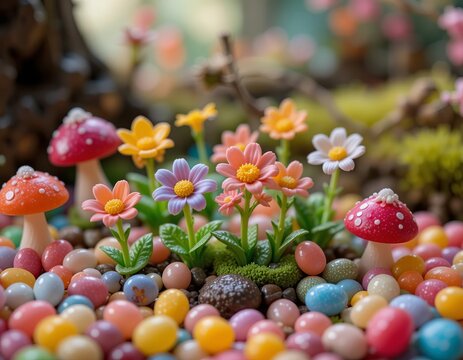 Whimsical miniature garden scene with colorful flowers, jelly beans, and tiny mushrooms in soft focus.